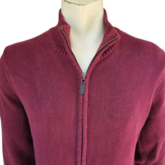 L.L. Bean Men’s M Tall Burgundy Full Zip Cotton Sweater Jacket Knit Cardigan Poc - Picture 2 of 7